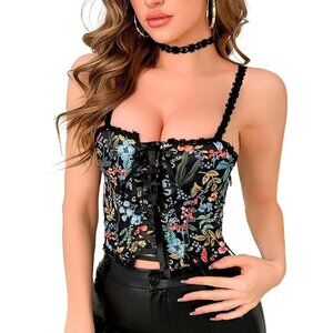 Women Black Renaissance Vintage Floral Bustier Corset Top Sleeveless Lingerie